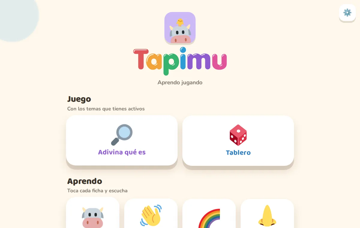 Pantalla de inicio de Tapimu con los dos juegos y los temas