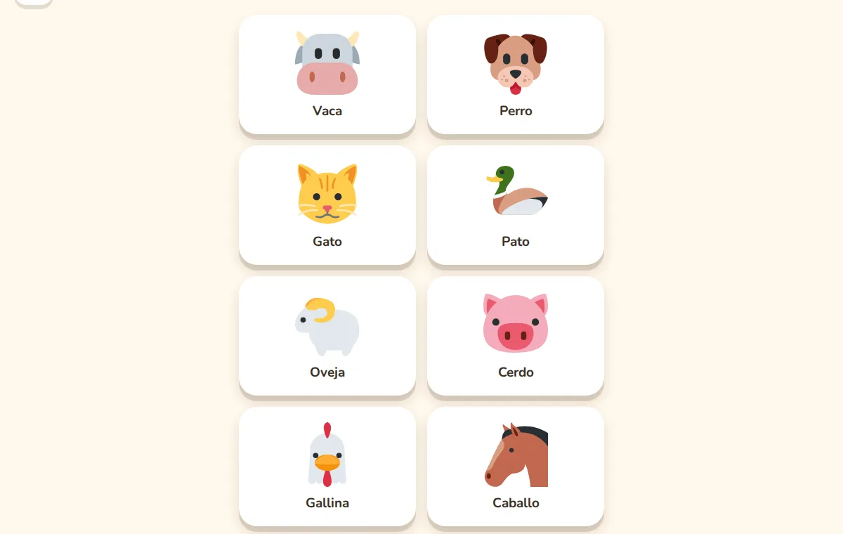 Tema Granja con ocho fichas de animales